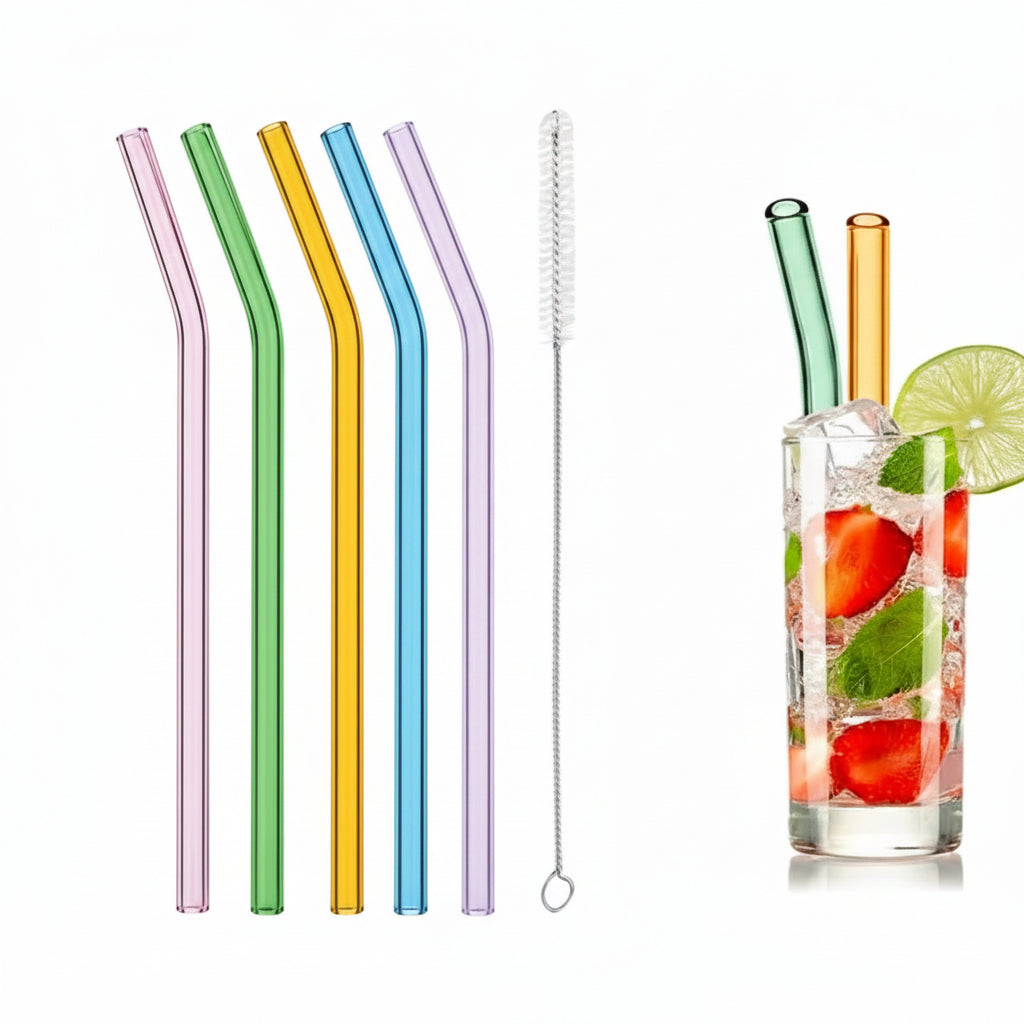Set of 4 - Reusable Glass Straws With Cleaning Brush