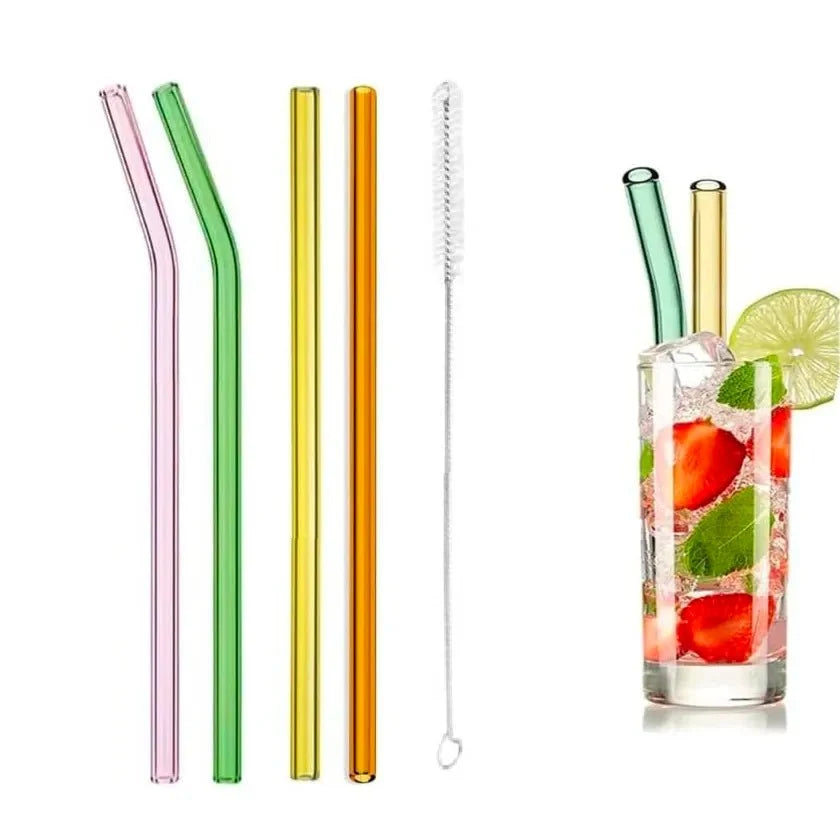 Set of 4 - Reusable Glass Straws With Cleaning Brush