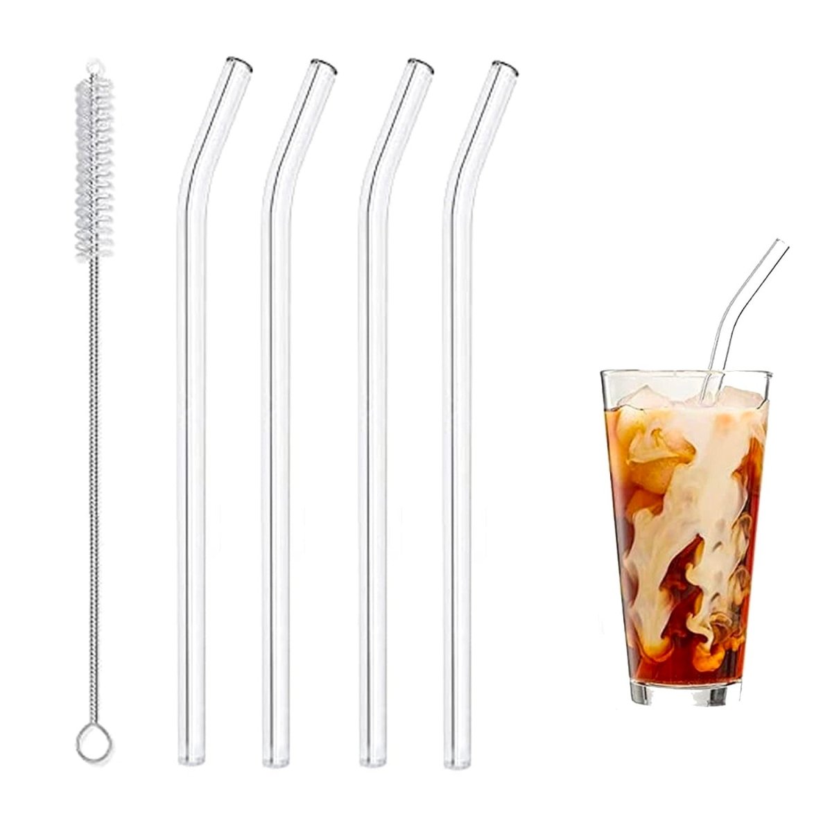 Set of 4 - Reusable Glass Straws With Cleaning Brush