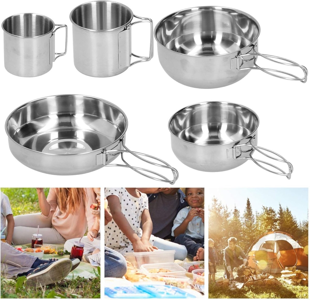 Set of 5 - Outdoor Camping Stainless Steel Cookware Pots