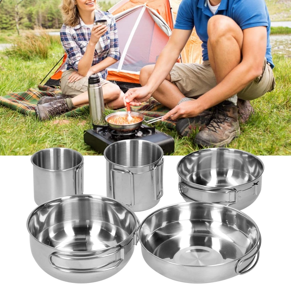 Set of 5 - Outdoor Camping Stainless Steel Cookware Pots