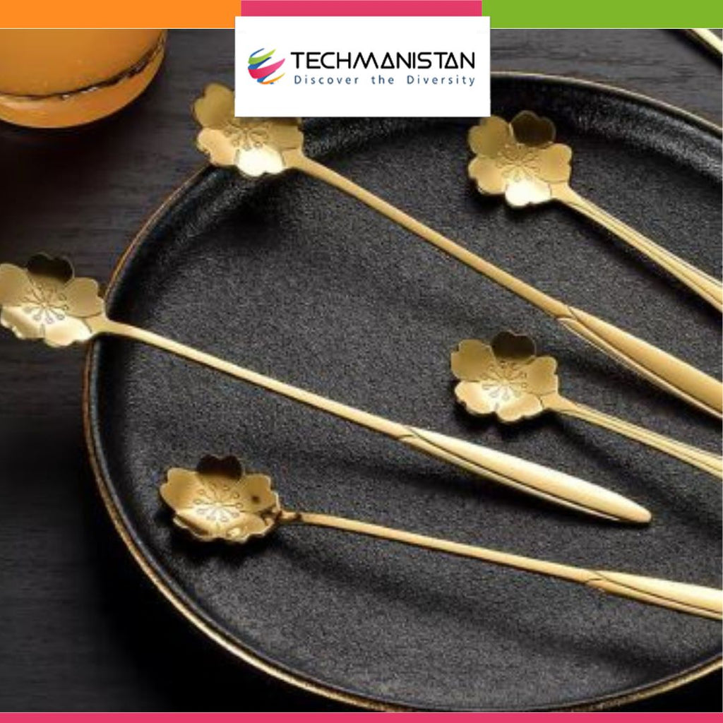 Set of 6 - Stainless Steel Gold-Plated Flower Spoons