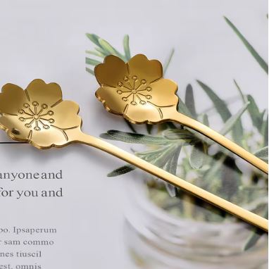 Set of 6 - Stainless Steel Gold-Plated Flower Spoons