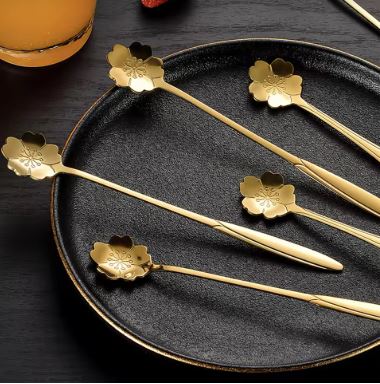 Set of 6 - Stainless Steel Gold-Plated Flower Spoons