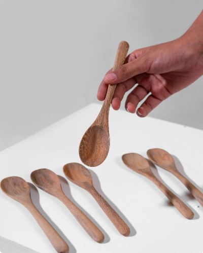 Set of 6 - Wooden Spoons For Eating Stirring Mixing Spice Spoon