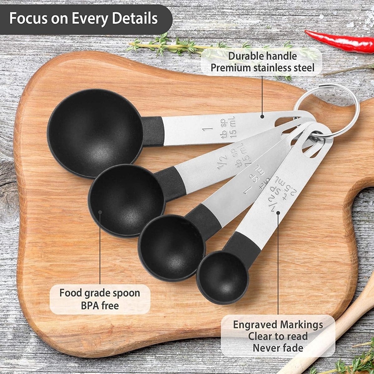 Set of 8 Measuring Spoons & Cups with Stainless Steel Handles