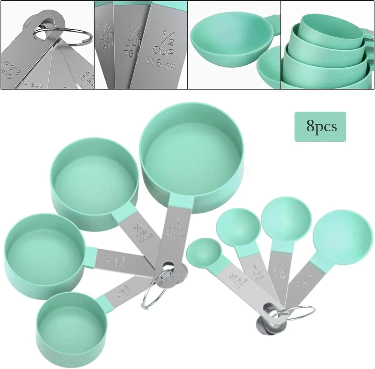 Set of 8 Measuring Spoons & Cups with Stainless Steel Handles
