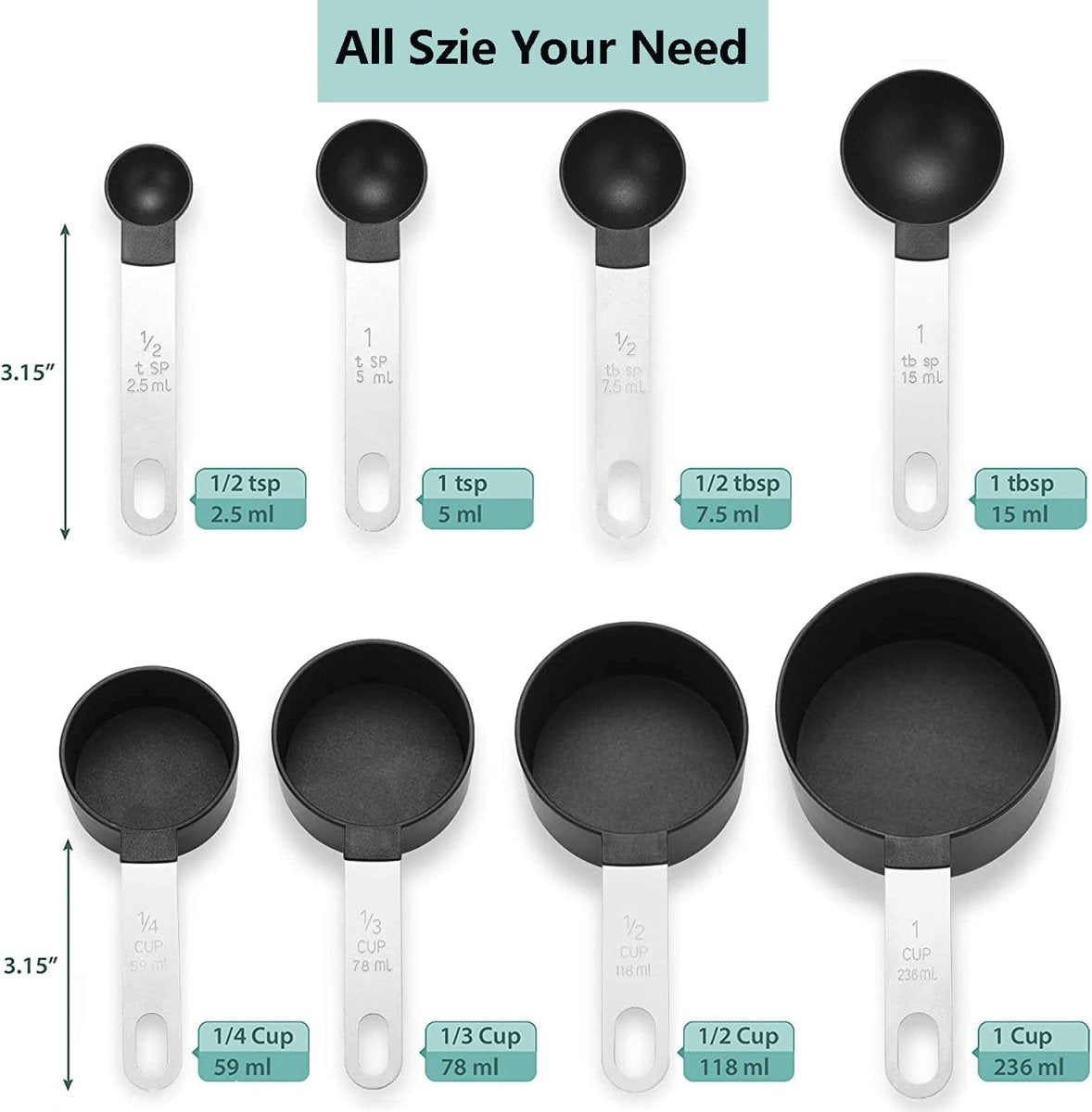 Set of 8 Measuring Spoons & Cups with Stainless Steel Handles