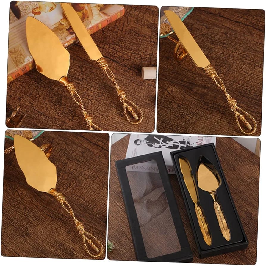 Set of Gold Wedding Cake Cutting Knife & Server Set
