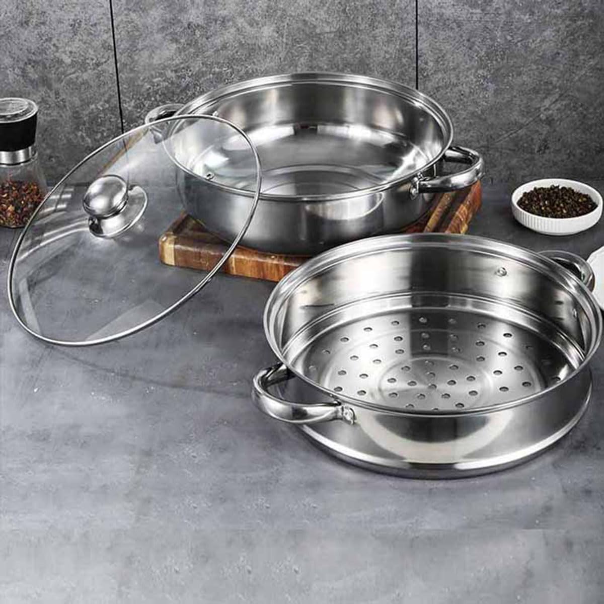 Stainless Steel 2 Layers Steamer Pot With Glass Lid