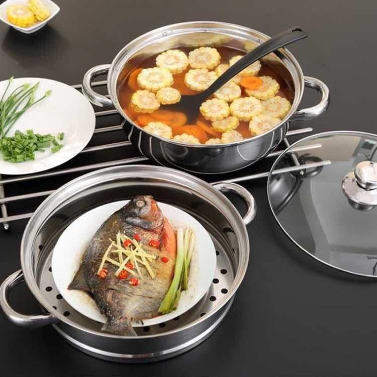 Stainless Steel 2 Layers Steamer Pot With Glass Lid