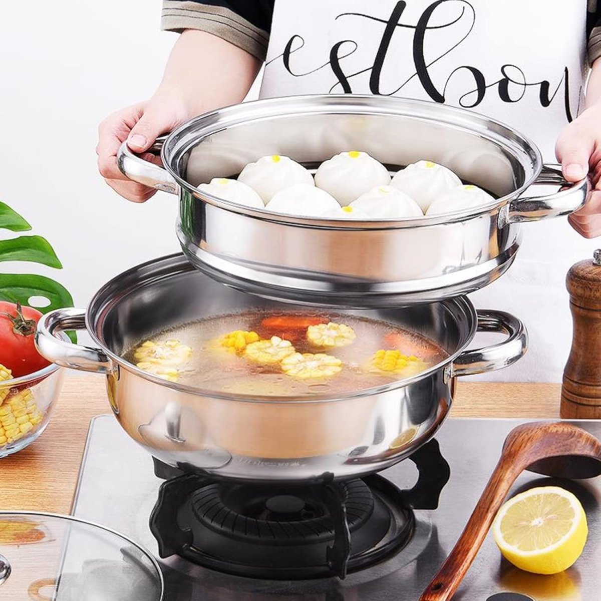 Stainless Steel 2 Layers Steamer Pot With Glass Lid