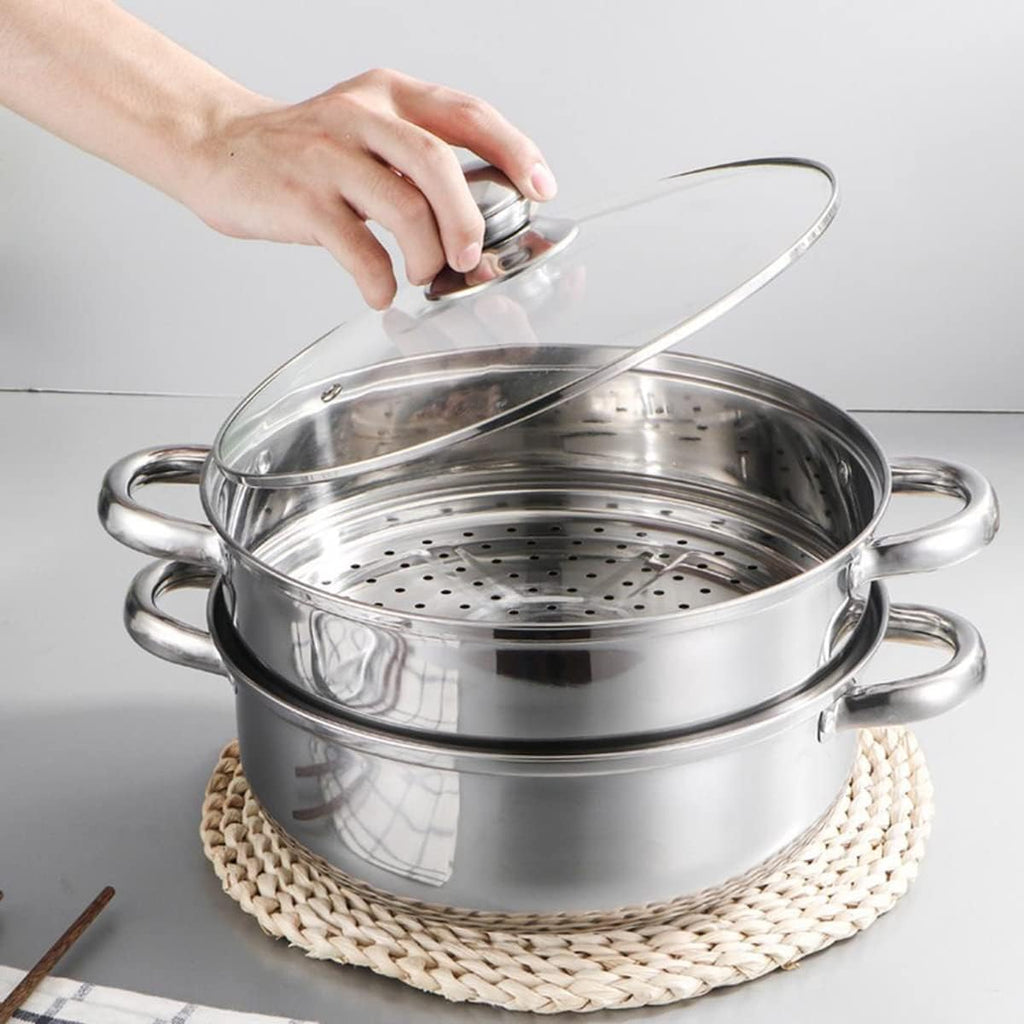 Stainless Steel 2 Layers Steamer Pot With Glass Lid