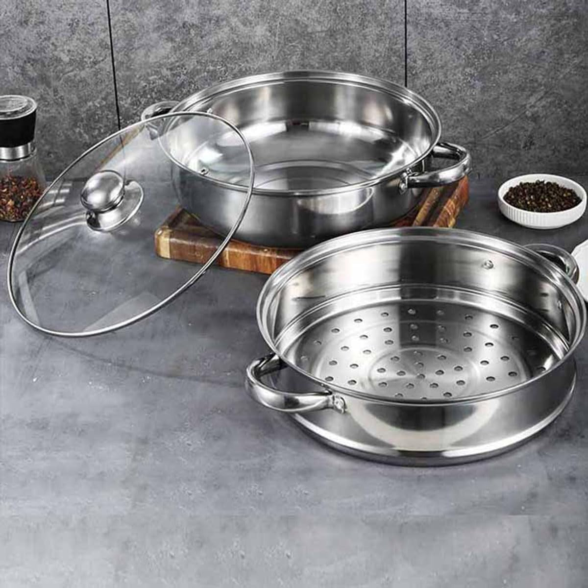 Stainless Steel 2 Layers Steamer Pot With Glass Lid