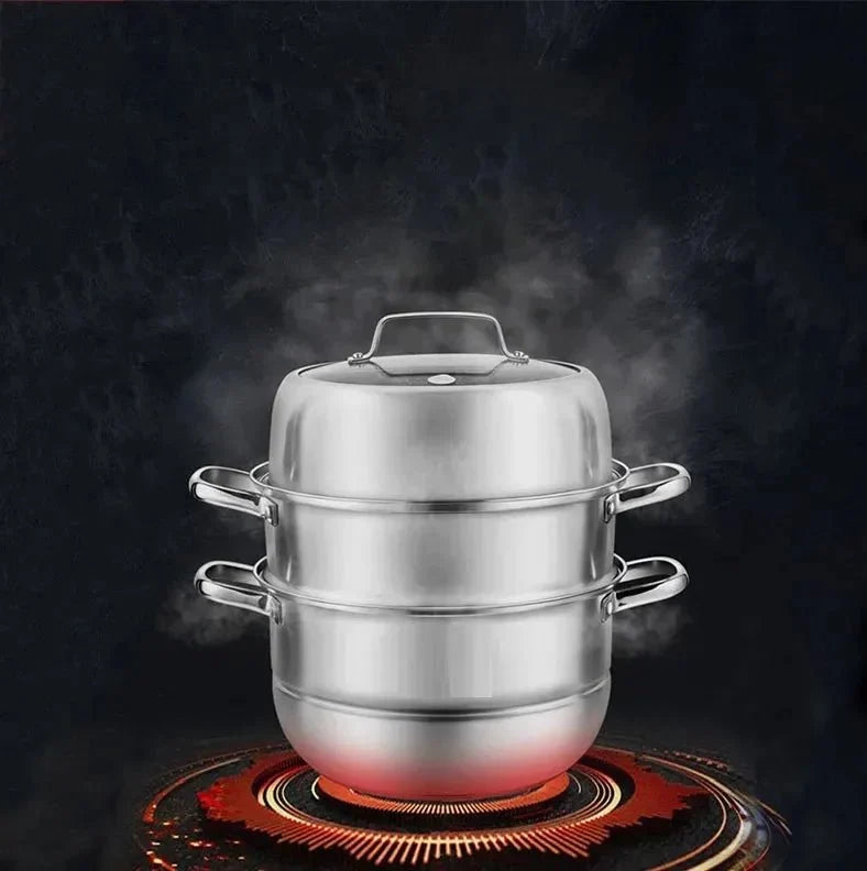 Stainless Steel Three Layers Steamer Pot With Glass Lid