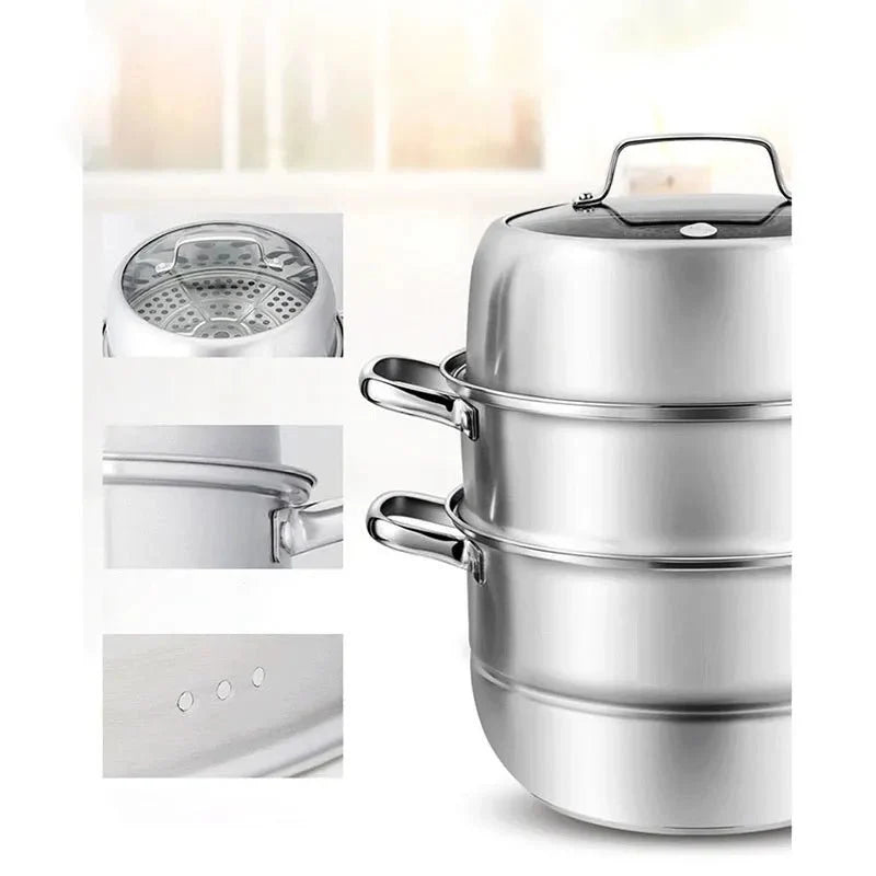Stainless Steel Three Layers Steamer Pot With Glass Lid