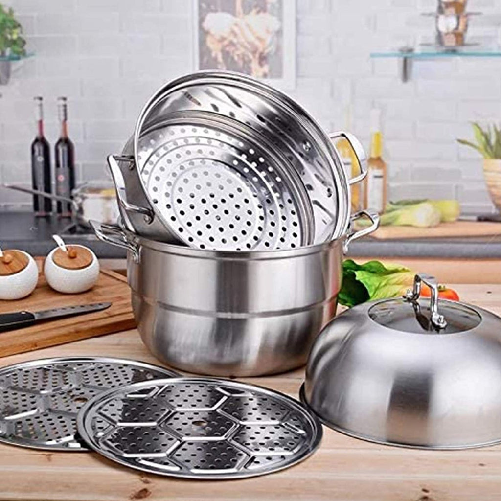 Stainless Steel Three Layers Steamer Pot With Glass Lid