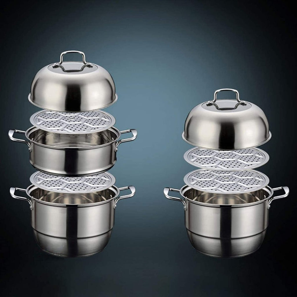 Stainless Steel Three Layers Steamer Pot With Glass Lid