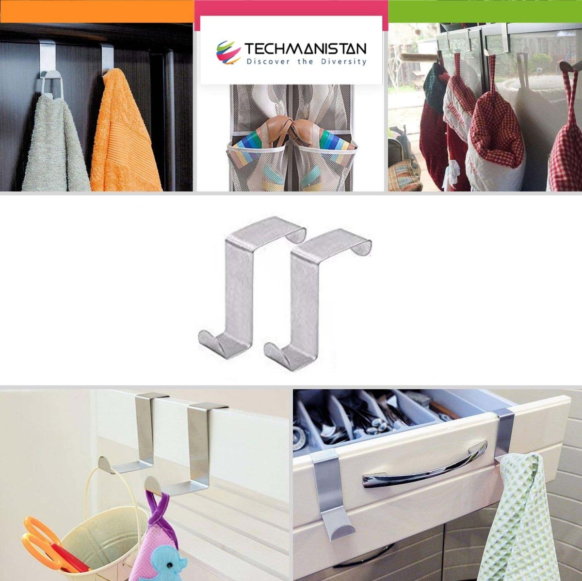 Techmanistan Pack Of 2 - Stainless Steel Over the Door Hanger Cabinet Hooks