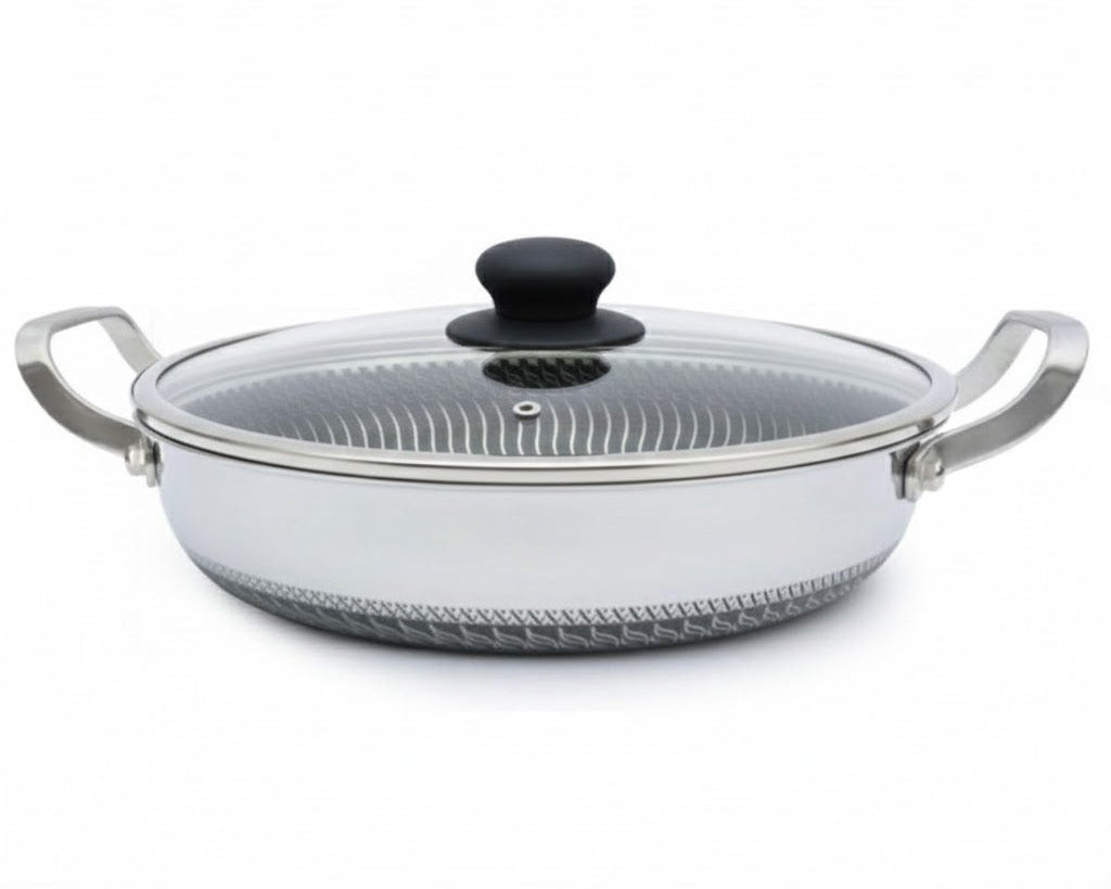 Flat Bottom Double Sided Laser Coated Honeycomb Layer Frying Pan With Lid & Dual Handle
