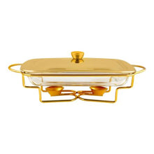 Rectangular Buffet Food Warmer Serving Glass Dish with Golden Lid - 2 Liters