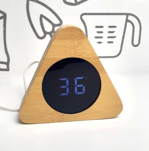 Wooden Digital Triangular Shape Desk Clock, Alarm Clock, LED Desktop Clock, Thermometer, Calendar, Date