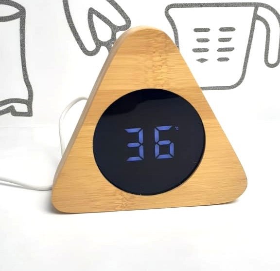 Wooden Digital Triangular Shape Desk Clock, Alarm Clock, LED Desktop Clock, Thermometer, Calendar, Date